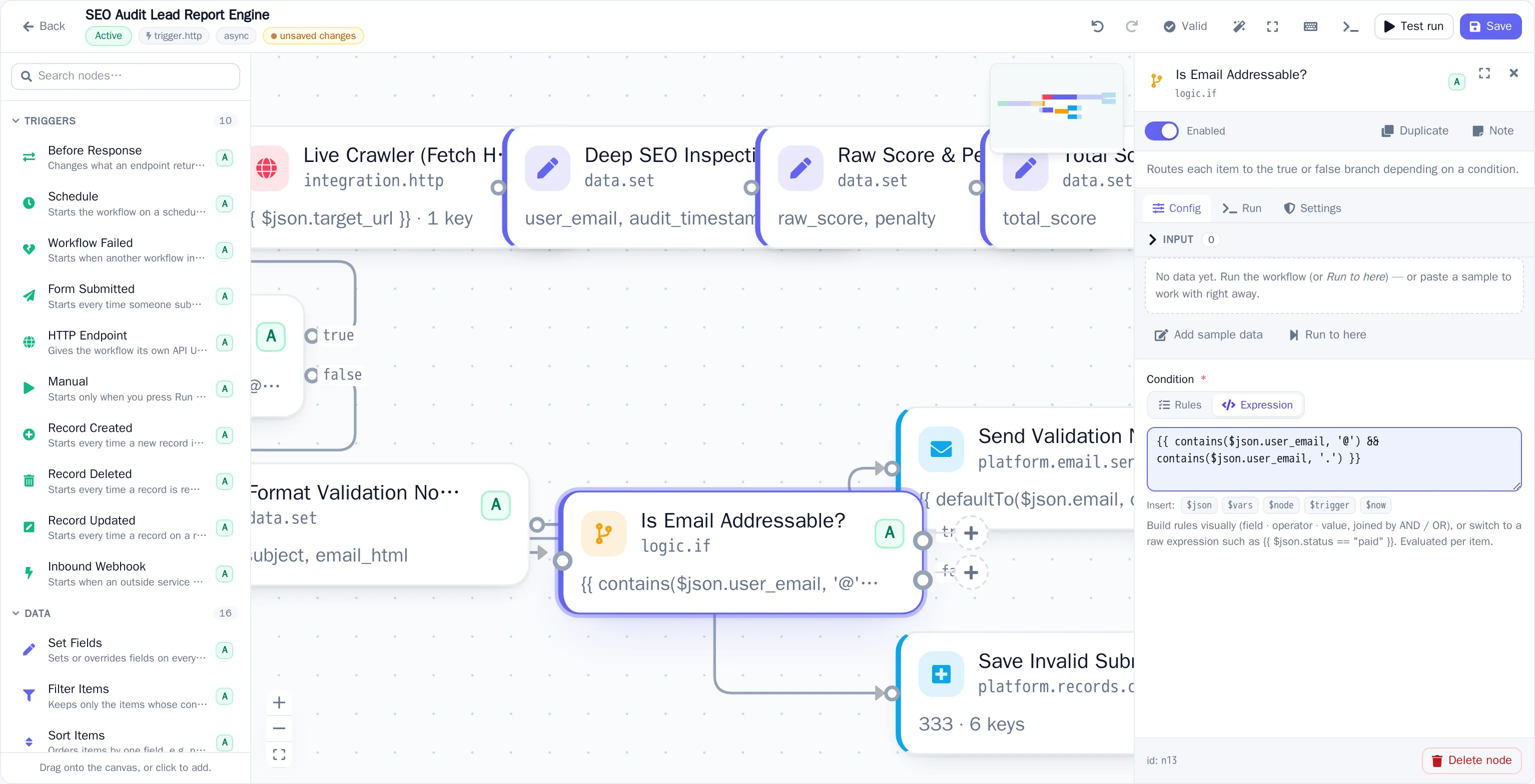 The real BackCTL workflow studio: node palette, canvas with a live production pipeline, and the node configuration panel