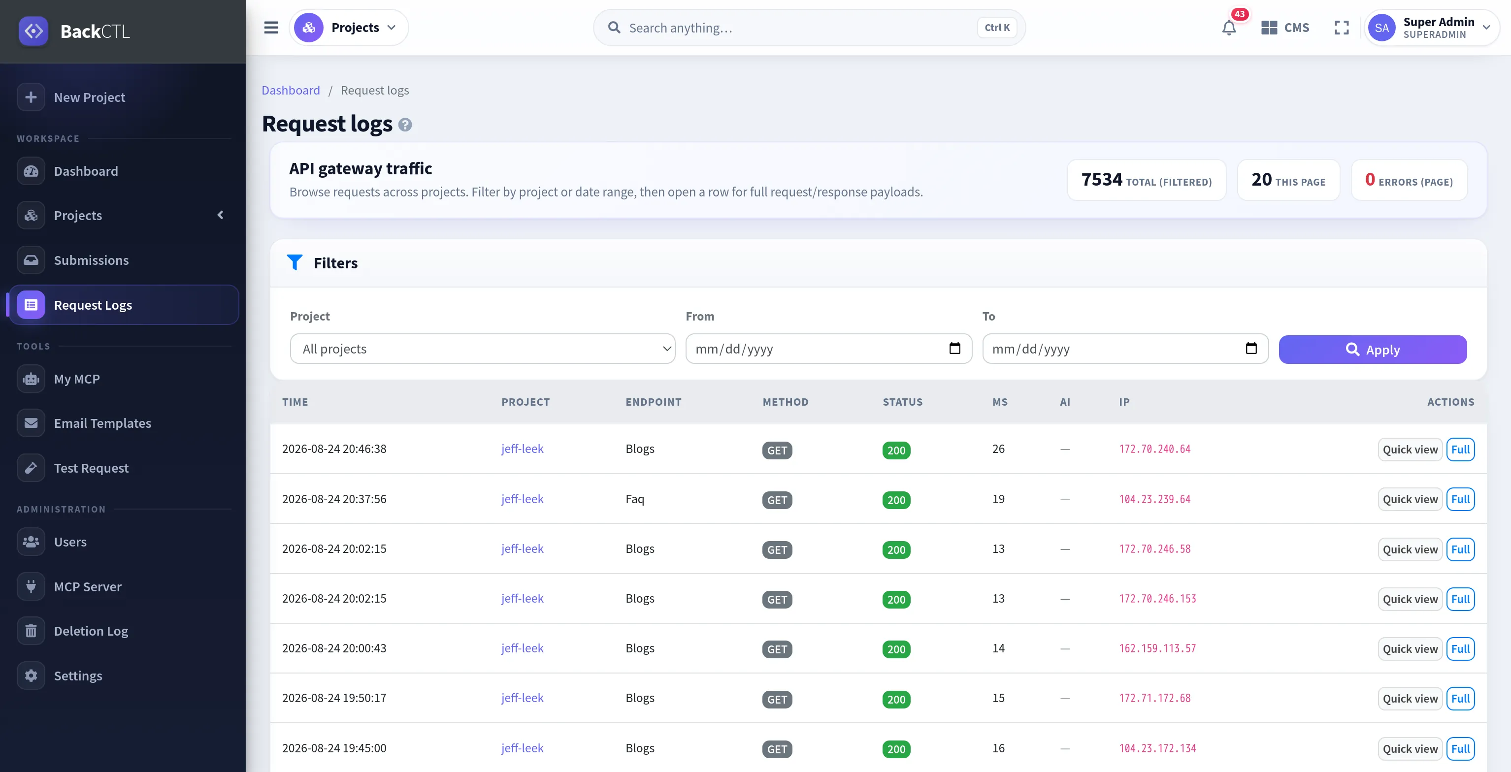 The real request logs screen with live gateway traffic
