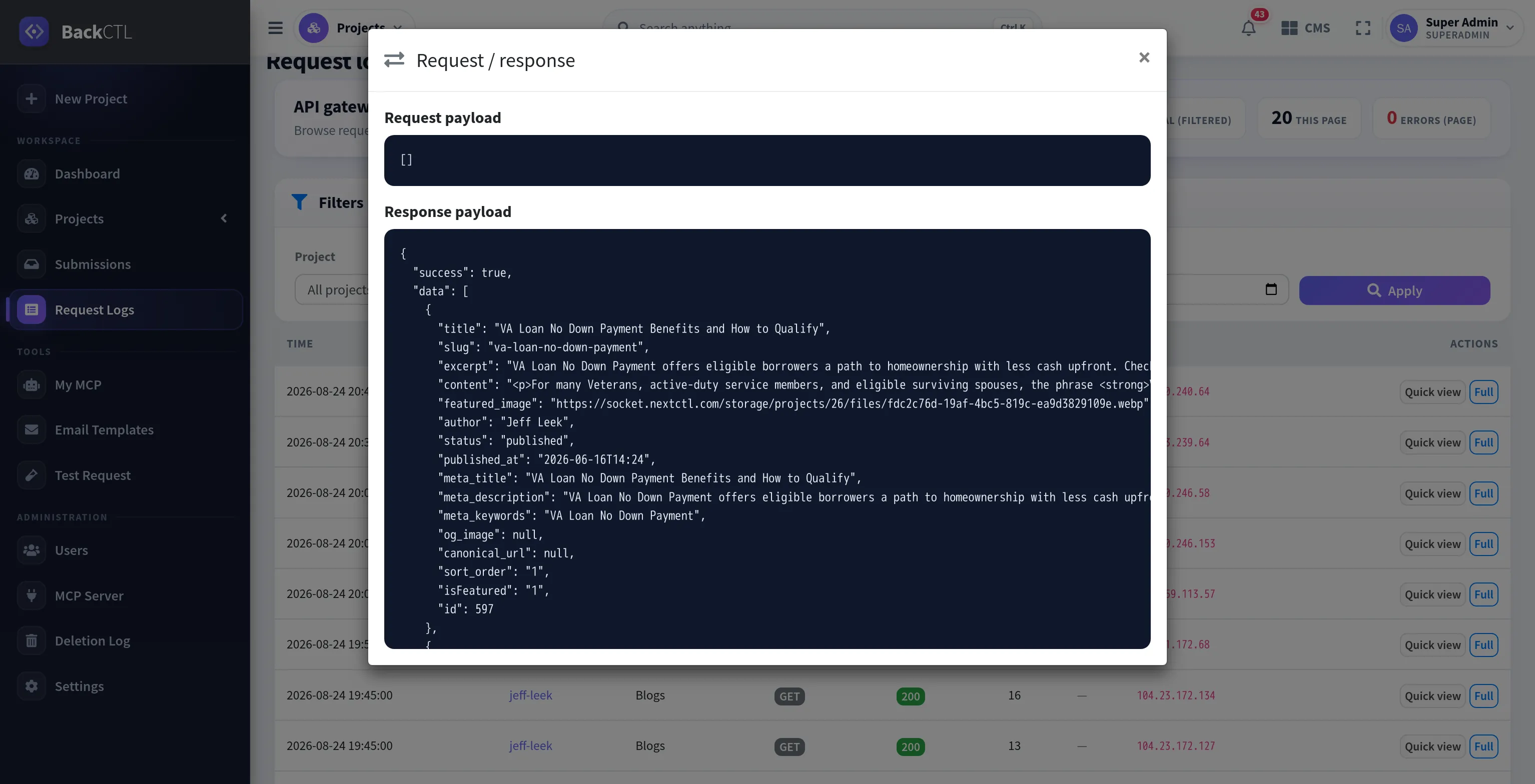 The real request/response inspector showing an actual JSON payload